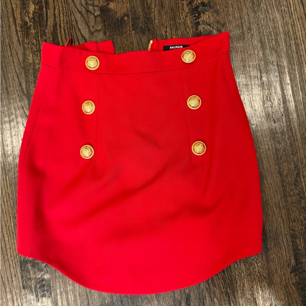 Balmain Red Mini Skirt with Gold Zipper